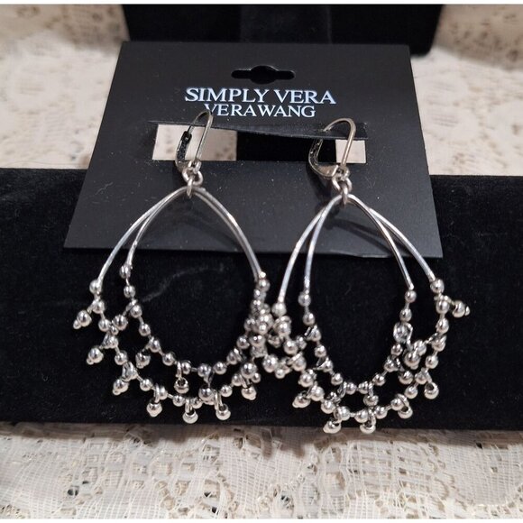 NWT Simply Vera Vera Wang Silver-Tone Dangling Hoop Earrings With Beaded Accents - Picture 2 of 4